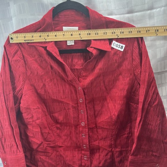 CJ Banks Womens Red Blouse Size X Snap Button Collared 3/4 Sleeve - Picture 6 of 16